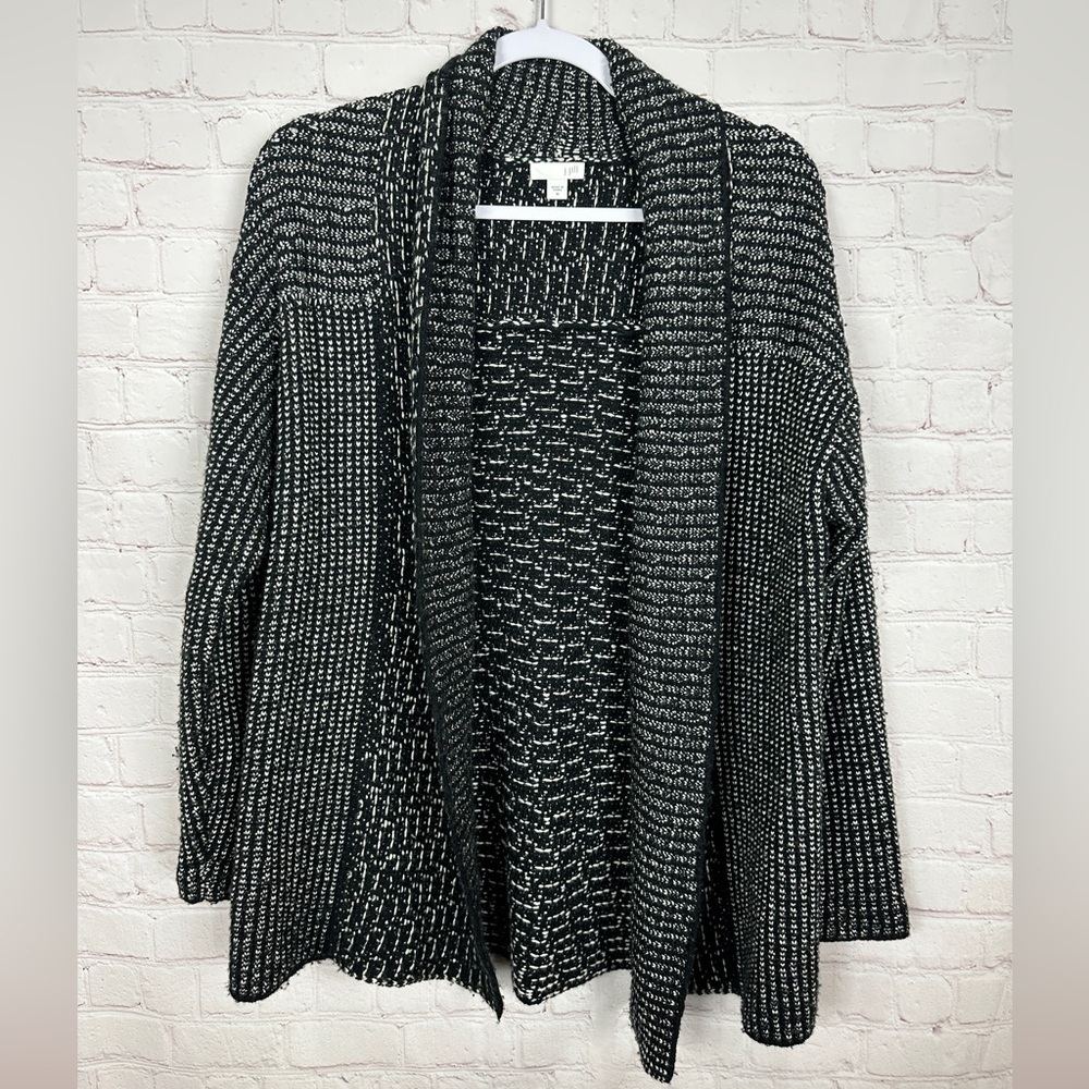 J. Jill WOOL Blend black white‎ Open WIDE SHAWL COLLAR Cardigan sweater sz M GUC